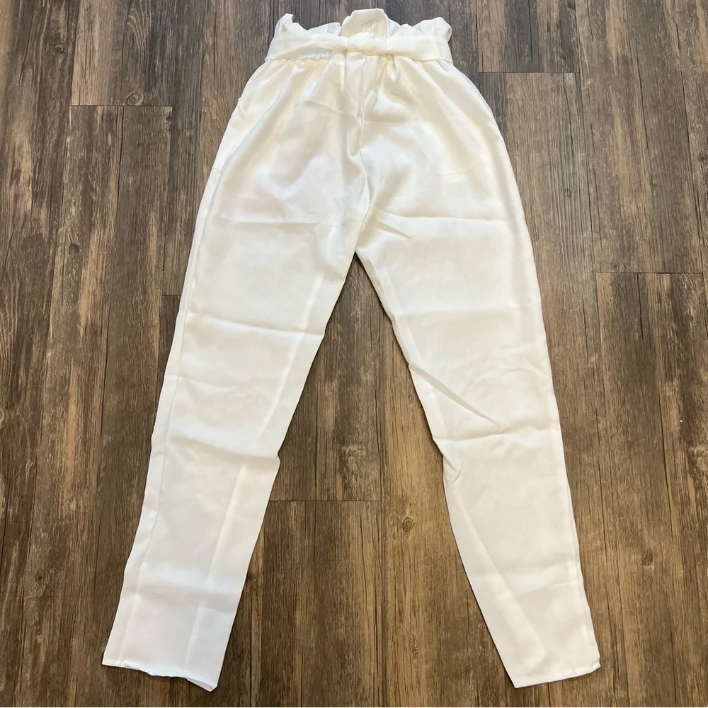 Women’s Elastic Tie Front High Waisted Belted Pants White Pocket Size M